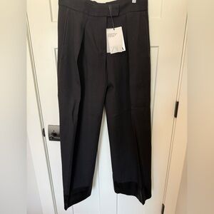 NWT Zara Collection black wide-cuffed wool trousers with satin details. Size S.